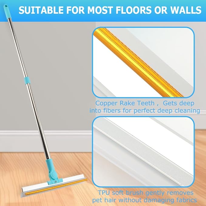 Kakalote Carpet Rake for Pet Hair Removal, 20"- 55" Adjustable Long Handle Cat Dog Fur Rakes Scraper Carpet Broom for Carpets, Rugs, Mats, with 2pcs Hair Shaving Comb(3pc Sets)