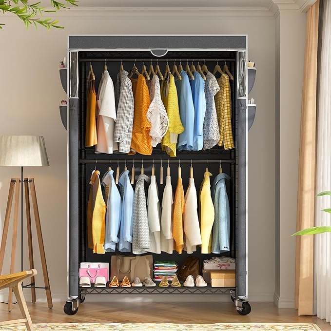 Raybee Clothes Rack with Cover, Rolling Portable Closet, 2 Rods & 2 shelves | Heavy Duty, Tool-free Assembly, Adjustable, Lockable Wheels, Freestanding, Covered, Zippered, Saving Space for Bedroom,Dorm