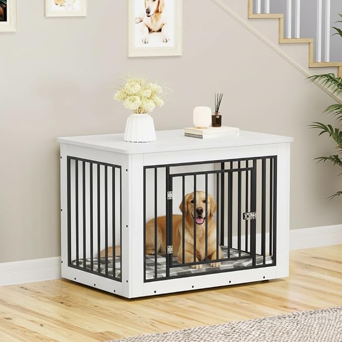 DWVO 38 Inch Dog Crate Furniture Chew-Resistant for Dogs | Dog Kennel Indoor Furniture End Table, Farmhouse Decorative Wooden Cage, Chew-Resistant, White
