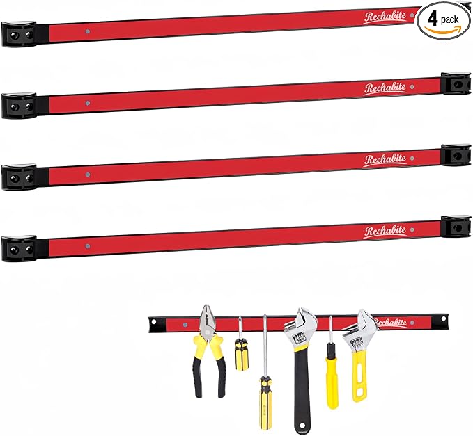 4 Pieces 24" Magnetic Tool Holder Strip, Red Magnet Bar, Metal Tool Organizer Rack for Garage Organization, Easy To Install in Workshop, Mounting Screws Included