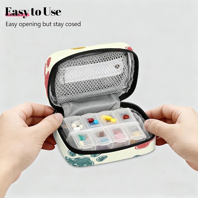 Weekly Pill Organizer Travel Size Bag with Removable 7 Day Pill Box Portable Vitamin Case Purse with Zipper,Vintage Pet Paws Beige