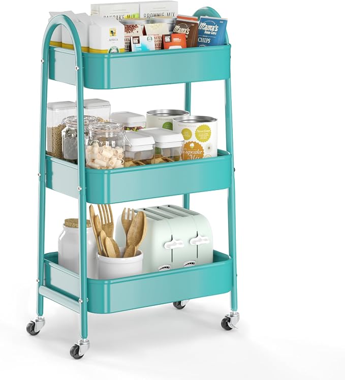3 Tier Utility Rolling Cart, Metal Storage Cart with Handle and Lockable Wheels, Multifunctional Storage Organizer Trolley with Mesh Baskets for Kitchen, Living Room, Office, Garage (Turquoise)