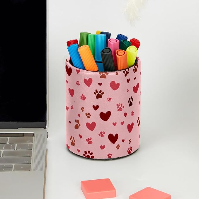 Faux Leather Pen Holder for Desk, Pencil Organizer Pet Paws Pen Cup Desk Decor Makeup Brush Holder Storage for Office Home