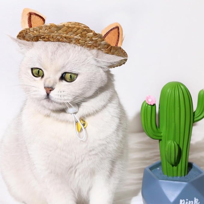 Adorable Cat Straw Hat with Cat Ear Design for Cats S 13cm | Khaki Color, Straw Build, Decorative Party Accessory, Christmas Birthday Use