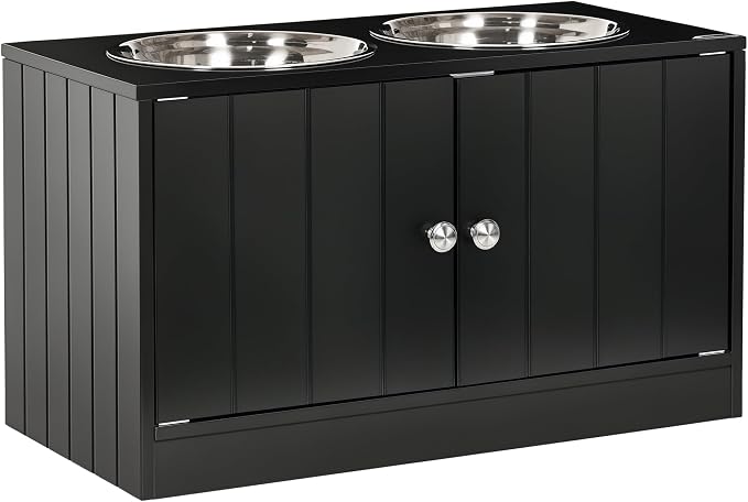 PawHut Large Elevated Dog Bowls with Storage Cabinet 44L Capacity Black | Raised Dog Bowl Stand, Pet Feeding Station