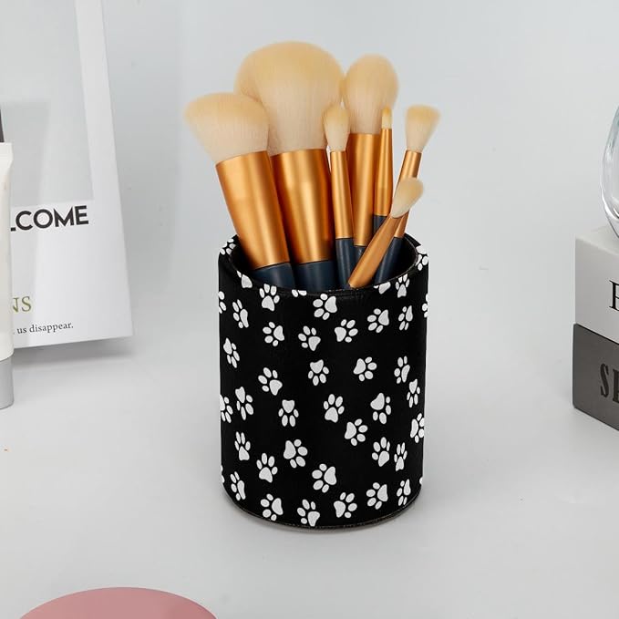 White Dog Paw Print Black Background Pencil Box, Multiple-Use Desk Writing Stationary Organizer Pen Holder Cups Office School Supplies Storage