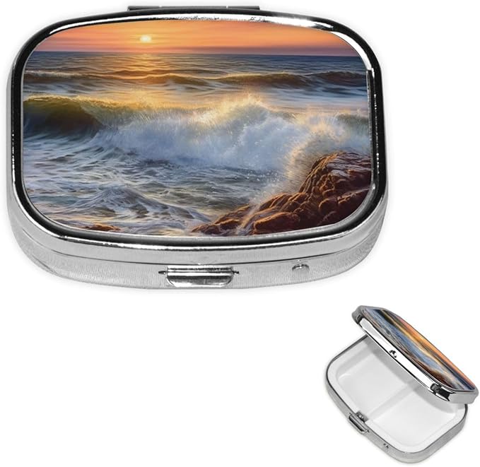 Square Pill Box Rocky Wave Sunset Painting Pill Case for Purse & Pocket 3 Compartment Pill Organizer Portable Travel Pillbox Medicine Pill Holder Container for Daily Vitamin Cod Liver Oil Storage