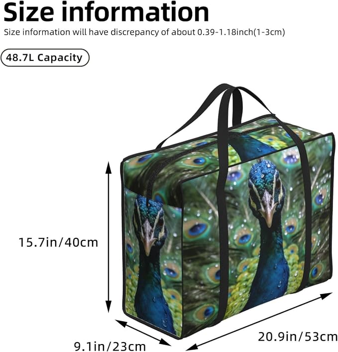 Large Capacity Packing Tote, Peacock With Open Tail Green, Waterproof Moving Bag with Zippered Closure for Bedding, Blanket and Seasonal Storage