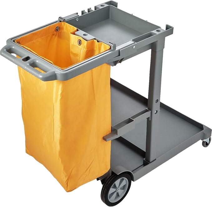 VEVOR Cleaning Cart, 3-Shelf Commercial Janitorial Cart, 200 lbs Capacity Plastic Housekeeping Cart, with 25 Gallon PVC Bag, 47" x 20" x 38.6", Yellow+Grey