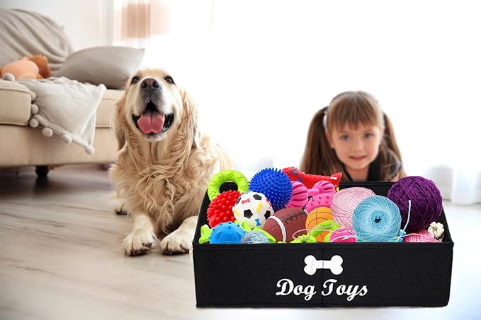 Large Dog Toys Storage Bins - Foldable linen Trapezoid Organizer Boxes with weave Rope Handle, Collapsible Basket for Shelves (Black-DOG)