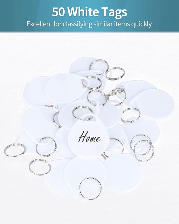 Uniclife 1.5 Inch Tough Plastic Key Tags Sturdy Round White Item Identifiers with Blank Paper Label Stickers and Split Rings, 100 Pack