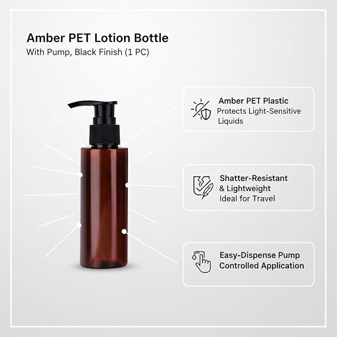 Amber PET Lotion Pump Bottle, Durable Refillable Dispenser for Travel & Shower, Black Finish (1 Count)