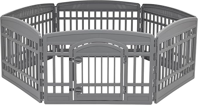 IRIS USA 6-Panel Dog Playpen with Door, Pet Enclosure, Gray | Heavy Duty Plastic, Multiple Pets, Indoor Outdoor, Portable, Foldable Design, Easy Assembly