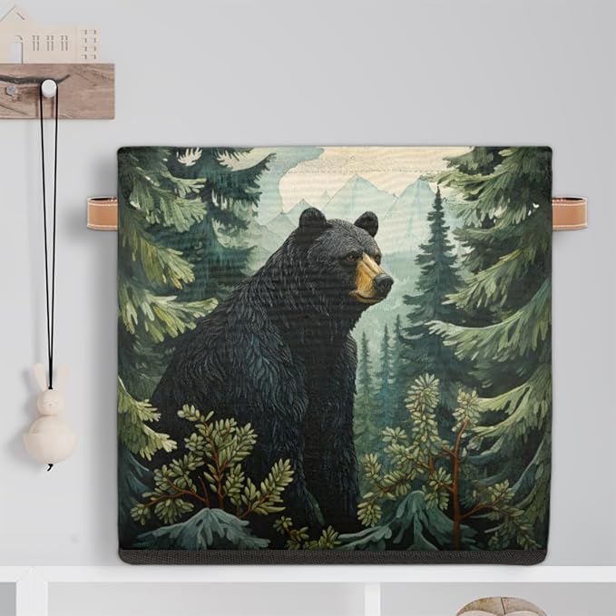 Black Bear Forest Wild Animals Cube Storage Bin, 13 Inch Collapsible Fabric Storage Cubes Bin, Foldable Cube Baskets for Shelf, Closet, Organizer