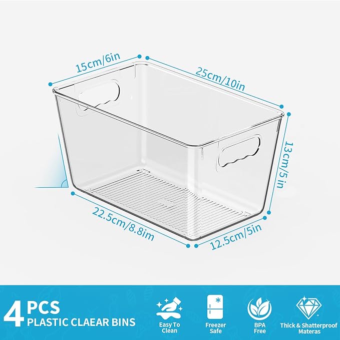 Clear Fridge Organizer Bins with Handles, 4 Pack Medium 10×6×5 Inch | Clear storage bins with handles, food organizer basket for kitchen, fridge, freezer and bedrooms