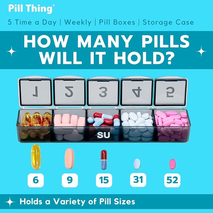 7-Day Weekly Pill Organizer with Secure Case, 5 Compartments Per Day, Removable Tray, Medication Schedule, Travel Pill Box-Complex Medication Routine (5 Time-a-Day - Black)
