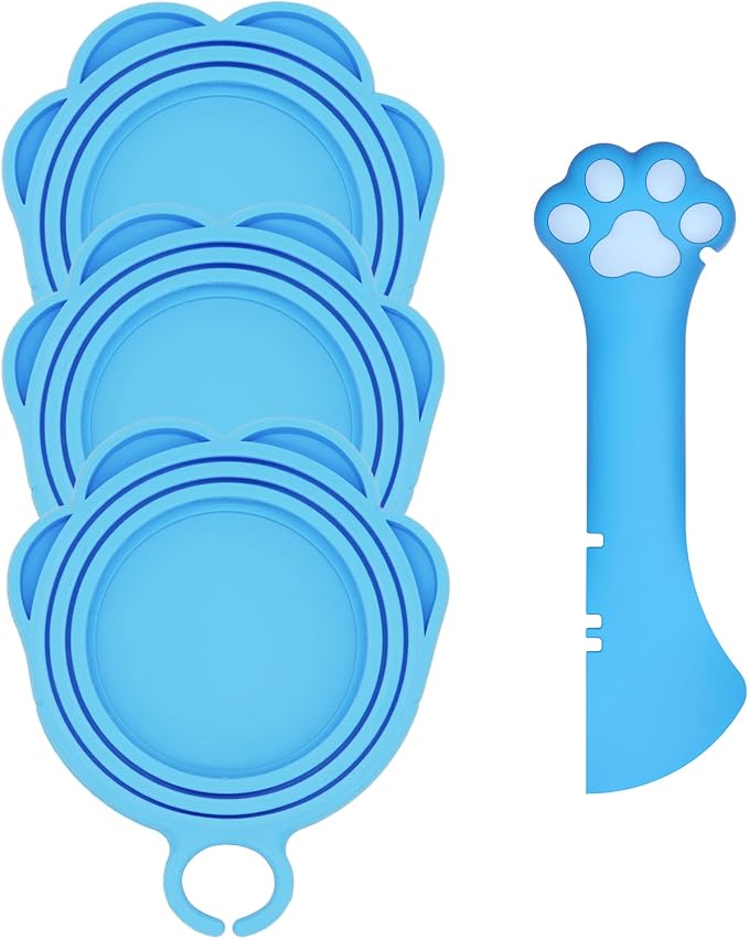 Cat Food Can Spoon & 3 Pcs Can Lids | Cute Paw Shape Covers & Opener for Wet Food | Universal BPA Free Silicone for Cats and Dogs Food(Blue)