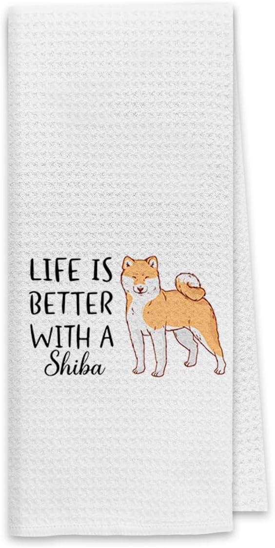 Dibor Life is Better with A Shiba Kitchen Towels Dish Towels Dishcloth,Cute Puppy Dog Absorbent Drying Cloth Hand Towels Tea Towels for Bathroom Kitchen,Dog Lovers Girls Women Gifts
