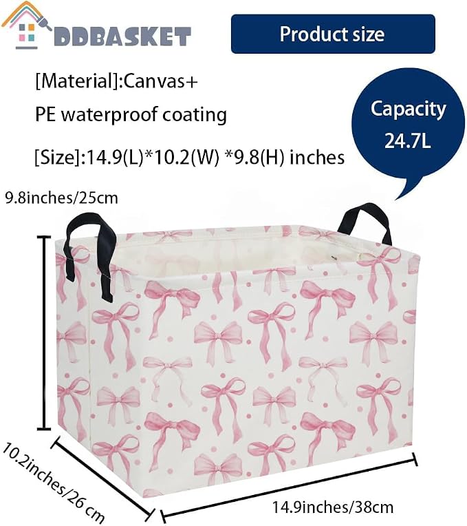 Pink Baskets Girls Basket Rectangular Cute Storage Bin for Room Decor(Pink bownot)