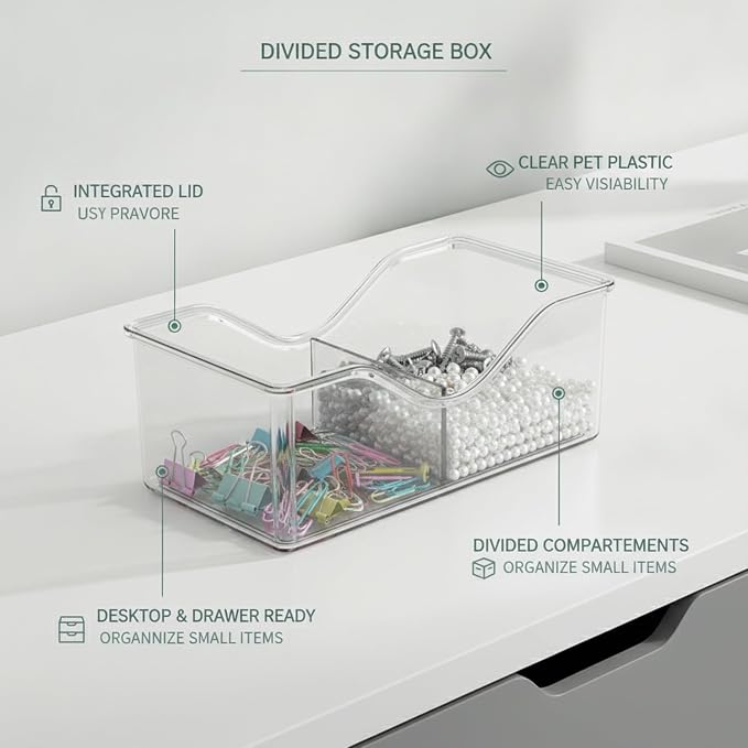 Divided Storage Box with Lid, PET Plastic Organizer for Desktop Drawers, Clear Compartments for Office Supplies Craft Jewelry (1 PC)
