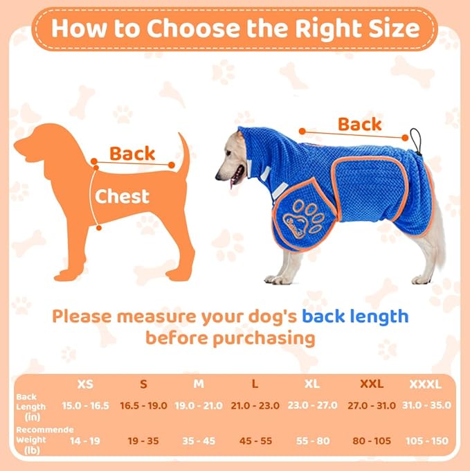 SlowTon Dog Bathrobe Drying Coat – Super Absorbent Microfiber Towel Wrap with Adjustable Collar & Belly Strap, Fast Drying Bath Robe for After Bath Swim, for Large, Medium, Small Dogs (Blue M)