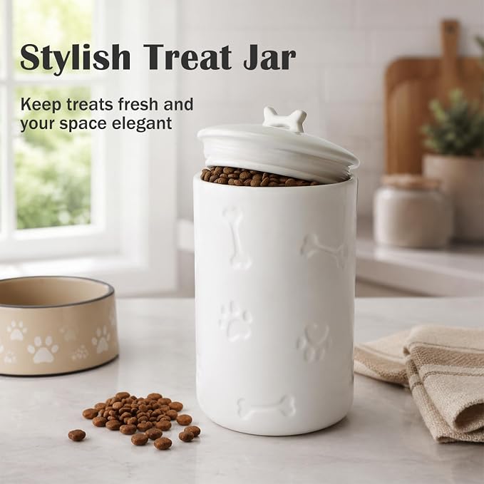 Dog Treat Container Airtight - 9"x5" Ceramic Big Treats Jar with Lid(White) | Large Capacity Doggie Cookie Jar for Countertop, Airtight Lid Keep Food Fresh, Sturdy Durable, Cute Prints and Bone Handle