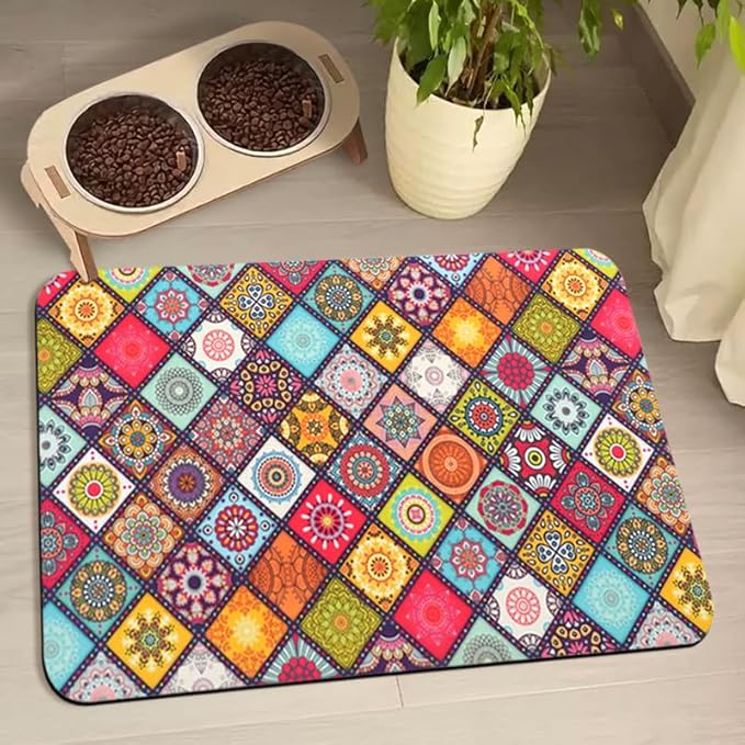 Dog Food Mats for Floors Waterproof, Pet Water Bowl Mats Pet Feeding Absorbent Placemats Bohemia 12 * 20 inch