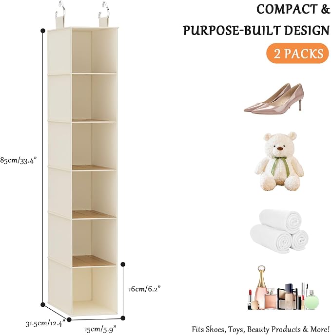 Hanging Closet Shelf Shoe Organizer Set of 2 with Woven Bamboo Shelves,11.5 x 31.5 x 5.5 in, 6-Tier Design for Space-Saving Storage,Beige