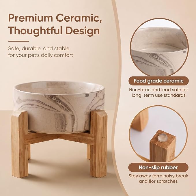hjn Elevated Ceramic Dog Bowl with Bamboo Stand, Raised Pet Feeding Station for Small Medium Dogs Cats, Modern Design with Anti-Slip Base (Marble Brown, 7.6Cup)