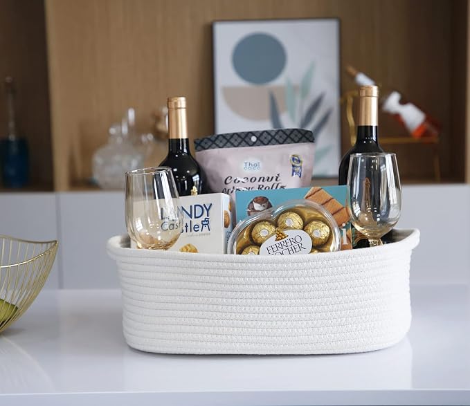 Woven Cotton Rope Storage Basket, Cube Changing Table Organizer for Closet Towels, Baby Nursery Bin, Small Dog Cat Toy Box, Gift Baskets empty (White)