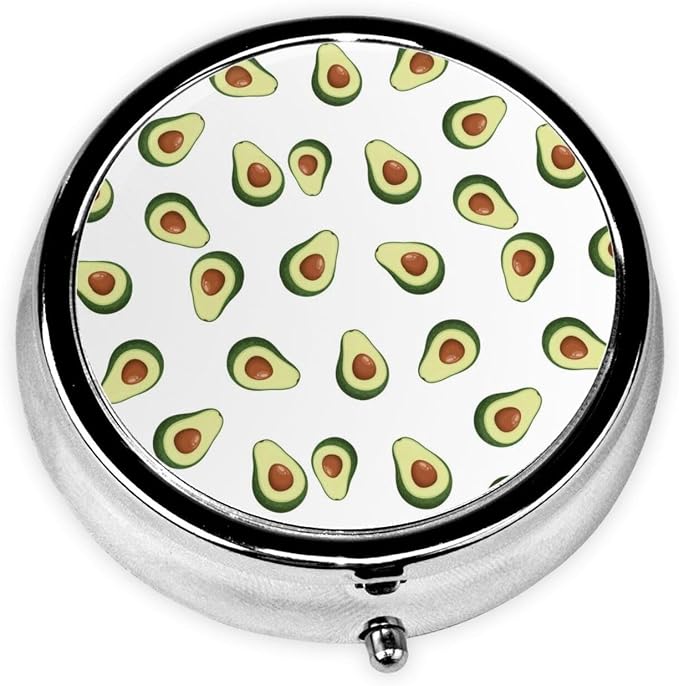 Travel Pill Container, Avocado Repeating Pattern Round Metal Organizer, 3-Section Case for Medicine, Pocket Purse Dispenser for Business Travel