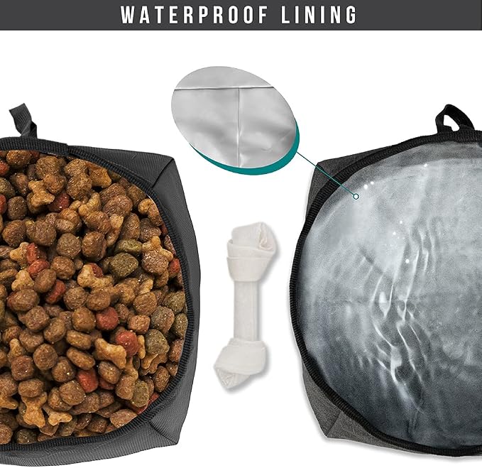 PetAmi Travel Dog Food Bag with 2 Collapsible Bowls Waterproof Dog Kibble Storage & Foldable Food Water Bowls for Dogs & Cats, Hiking & Camping (Black, Grey)