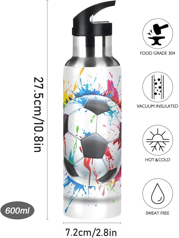 Soccer Ball Colorful Water Bottle with Straw Lid Kids Insulated Stainless Steel Water Flask Sports, 20 Oz Hot Cold