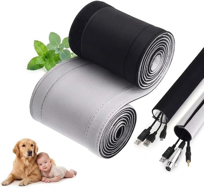 Cable Sleeve - 10ft Non-Toxic Chew-Proof Wire Covers Cord Wrap for Cords | Certified non-toxic,Chew-proof cord cover,Waterproof neoprene,Black/white reversible,10ft cuttable hook-and-loop