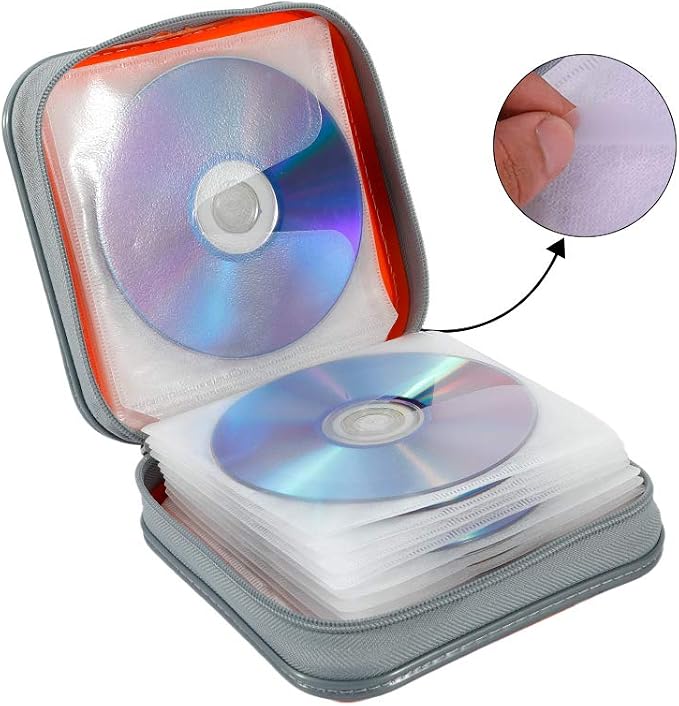 CD Case, 40 Capacity CD DVD Case Wallet Holder Portable Disc VCD Heavy Duty Binder Storage Organizer (Orange)