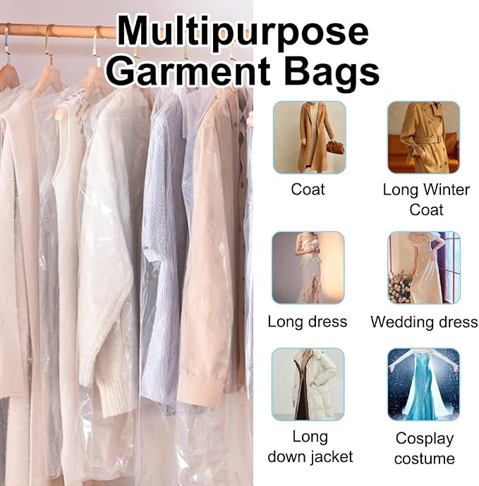BEISHIDA 20PCS 60 Inch Plastic Garment Bag-Plastic Clear Dry Cleaner Laundry Bags for Clothes Cover, Hanging Clothes Storage for Long Dresses Skirt Coat Suit Shirt Jacket