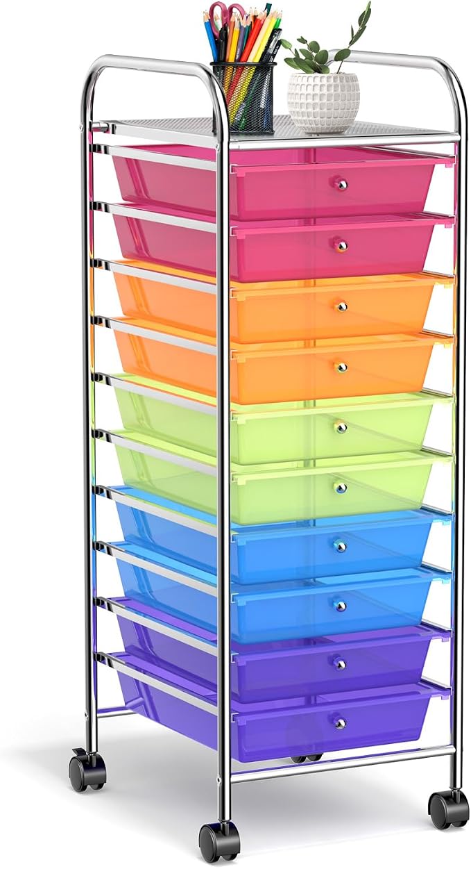 10 Drawer Rolling Storage Cart, Organization Cart with Drawers for Craft Makeup Paper Tool Art Supply, Versatile Utility Cart on Wheels for Home Office Classroom School (Rainbow)