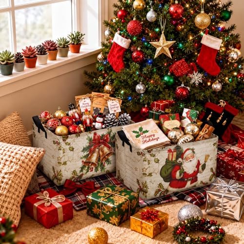 Chunful 4 Pack Christmas Storage Baskets for Gifts Collapsible Christmas Santa Claus Reindeer Retro Farmhouse Laundry Storage Bins Foldable Box with Handles for Home Bedroom Office Clothes Containers