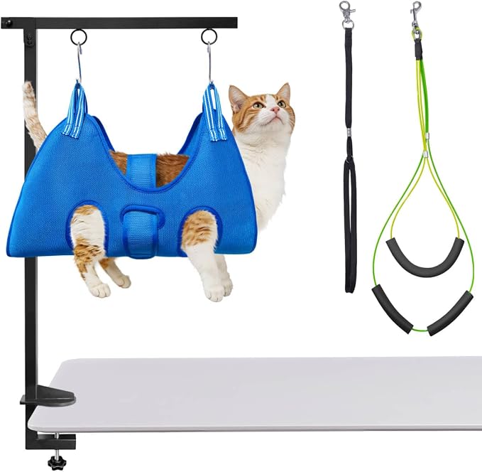 Dog Grooming Arm with Hammock, Height 27"-38", Size M, Blue | Foldable table arm with no-sit holder and restraint loops; ideal for small and medium pets at home or in salons.