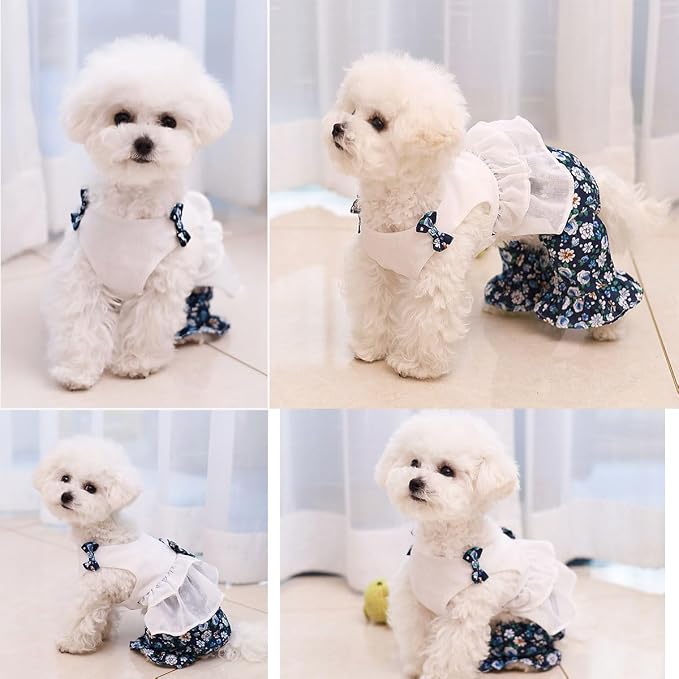 Vintage Floral Bowknot Sleeveless Romper for Small Dogs Cats Rabbits, Breathable Cotton Ruffle Flared Pants, Teacup to Small-Medium Pets for Walk Photo Vacation (Blue-Floral, X-Small)
