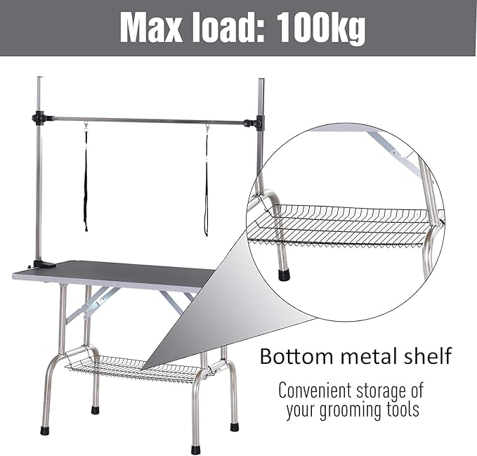 Pet Dog Grooming Table, Foldable Stainless Steel Pet Drying Grooming Table Up to 330lbs, Professional Bathing Desk for Dogs at Home with Adjustable Overhead Arms, Noose, Mesh Tray, 46''/Black