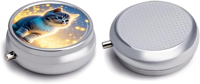 Cute Pet Scene Metal Round Pill Box, 3 Compartment Travel Organizer, Portable Pill Container with Secure Latch, 2 Inch Circular Vitamin Caddy for Pills and Vitamins, Gift for Him Her Elderly