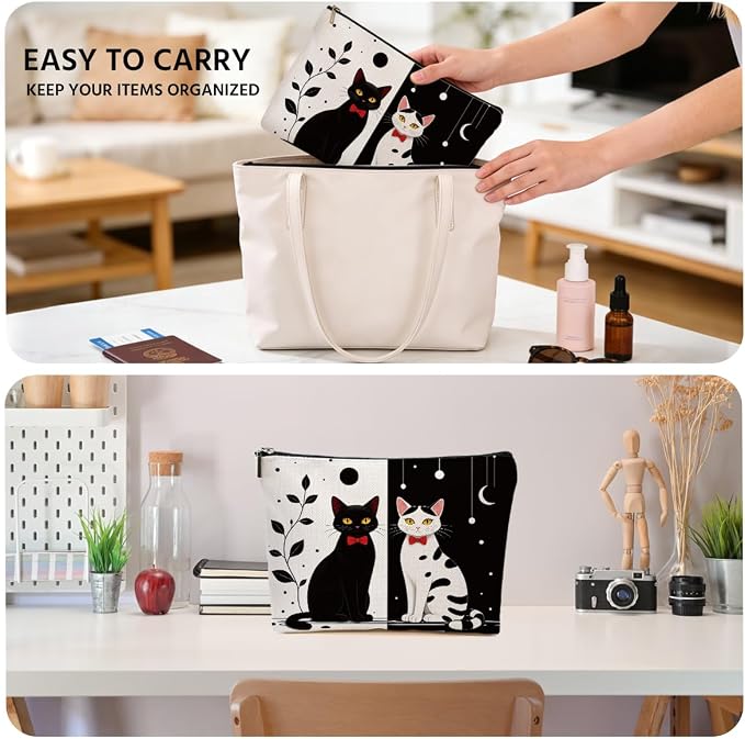 Cute Black White Cat Makeup Bag Cats Gifts Cosmetic Bag Zipper Pouch | Travel Toiletry Bags Christmas Birthday Gifts for Women Mom Girls Sisters Daughters Friends Cats Lover Pet Owner