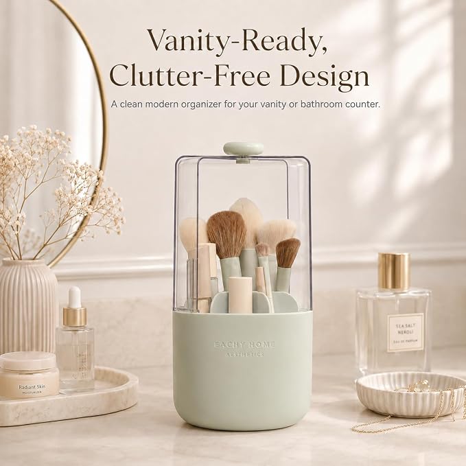 EACHY Makeup Brush Holder with Lid, Rotating Makeup Brush Organizer, Green | Dustproof Lid, 7 Compartments, Waterproof Plastic, Vanity Makeup Organizer for Brushes