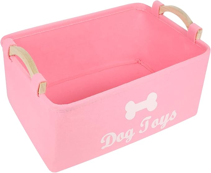 Zerodeko Pink Felt Dog Storage Bin with Handle Large Sundries Organizer for Pet Food Clothes Spacious Pet Holder Box to Keep Accessories Neat and Portable