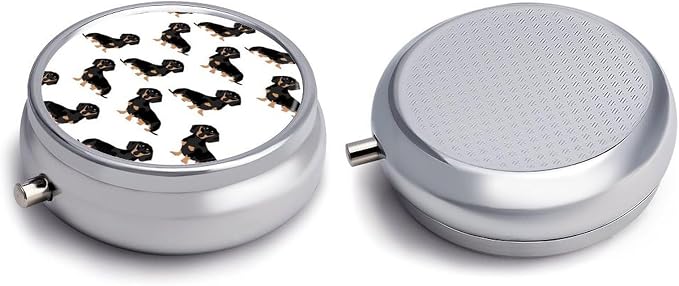 Round Small Pill Case 3 Compartment Metal Portable Travel Pillbox for Purse | Moisture Proof, Easy to Open, Fits Wallets & Pockets, Dachshund Weiner Pet Dogs Pill Organizer for Vitamins Fish Oil