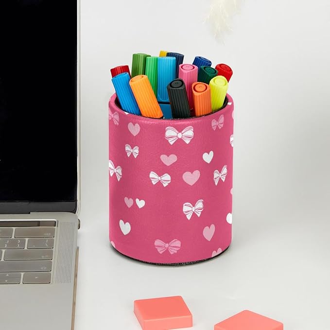 Faux Leather Pen Holder for Desk, Pencil Organizer Hearts and Bows Pen Cup Desk Decor Makeup Brush Holder Storage for Office Home