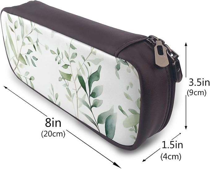Leather Pen Case with Zipper - Aesthetic Pen Holder White Natural Greenery Twig Pencil Case for Women & Men - Handcrafted Pencil Bag Multi-Functional Travel Cosmetic Case for Work Office Tool Pouch