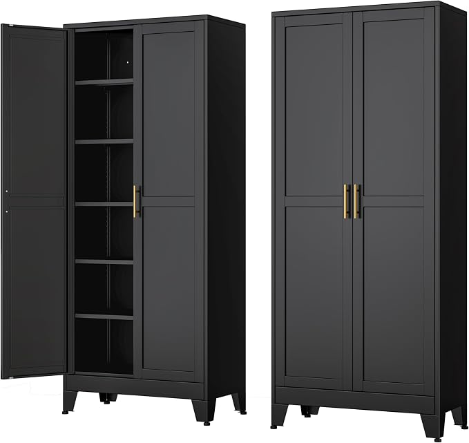 Ckzbx Metal Cabinets with Doors and Shelves, 75" H Black Storage Cabinet Pantry Cabinet Garage Cabinets for Kitchen,Living Room, Dinning Room