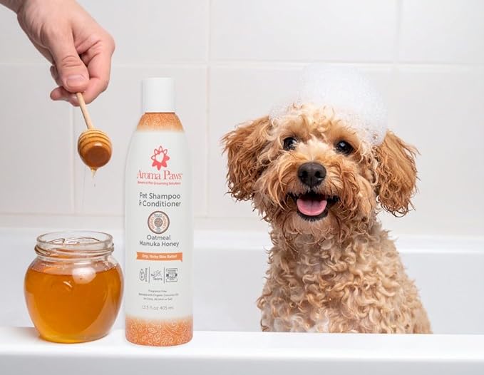 Pet Shampoo & Conditioner 2-in-1, Dry Itchy Skin Relief Formula, Aroma Paws Oatmeal Manuka Honey for Sensitive Skin, Feline Friendly Shampoo, Fragrance Free, Made in USA 13.5 oz.